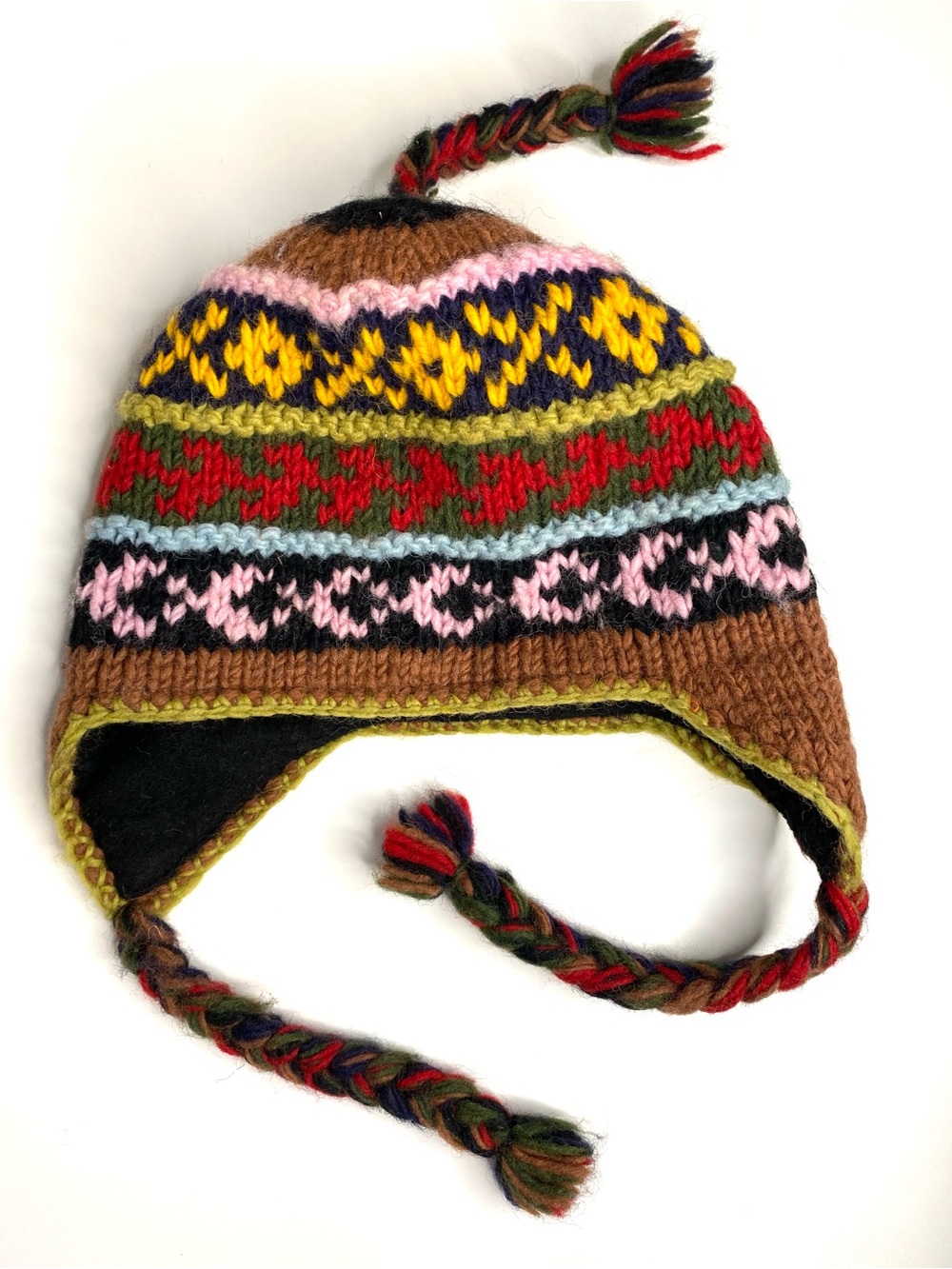 100% Wool Nepal Hand Knit Fair Isle Earflap Tassel Hat Boho Multicolor